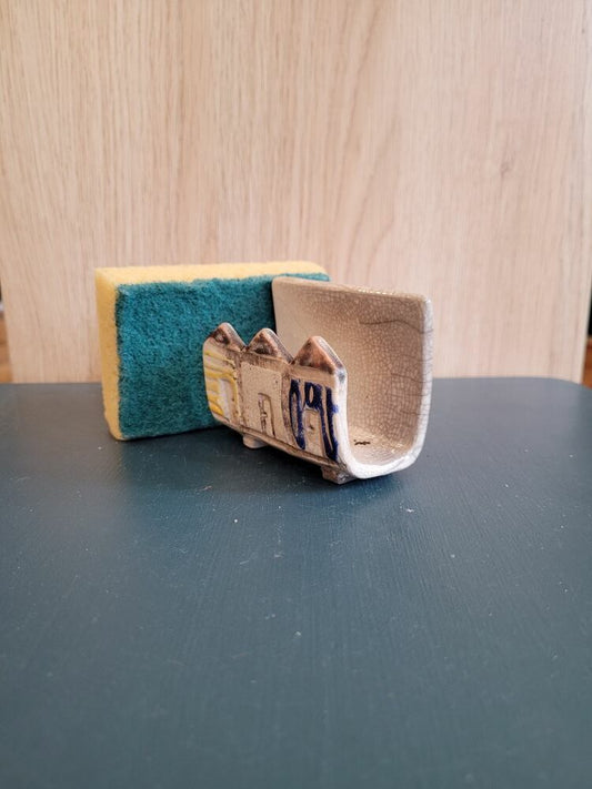 Le Porte-Éponge « Cabanes » Bleu et Jaune en Céramique Raku