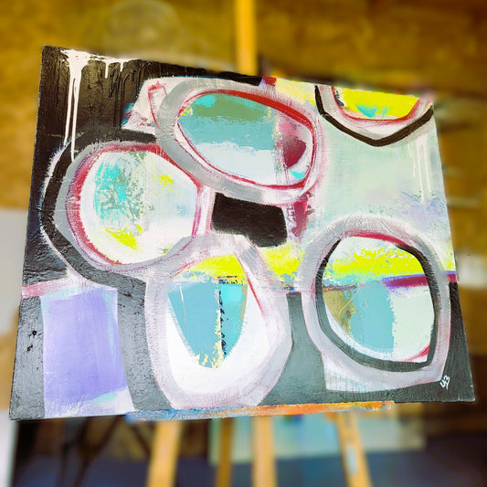 Sphères – Tableau abstrait turquoise, mauve et jaune, 73×92 cm