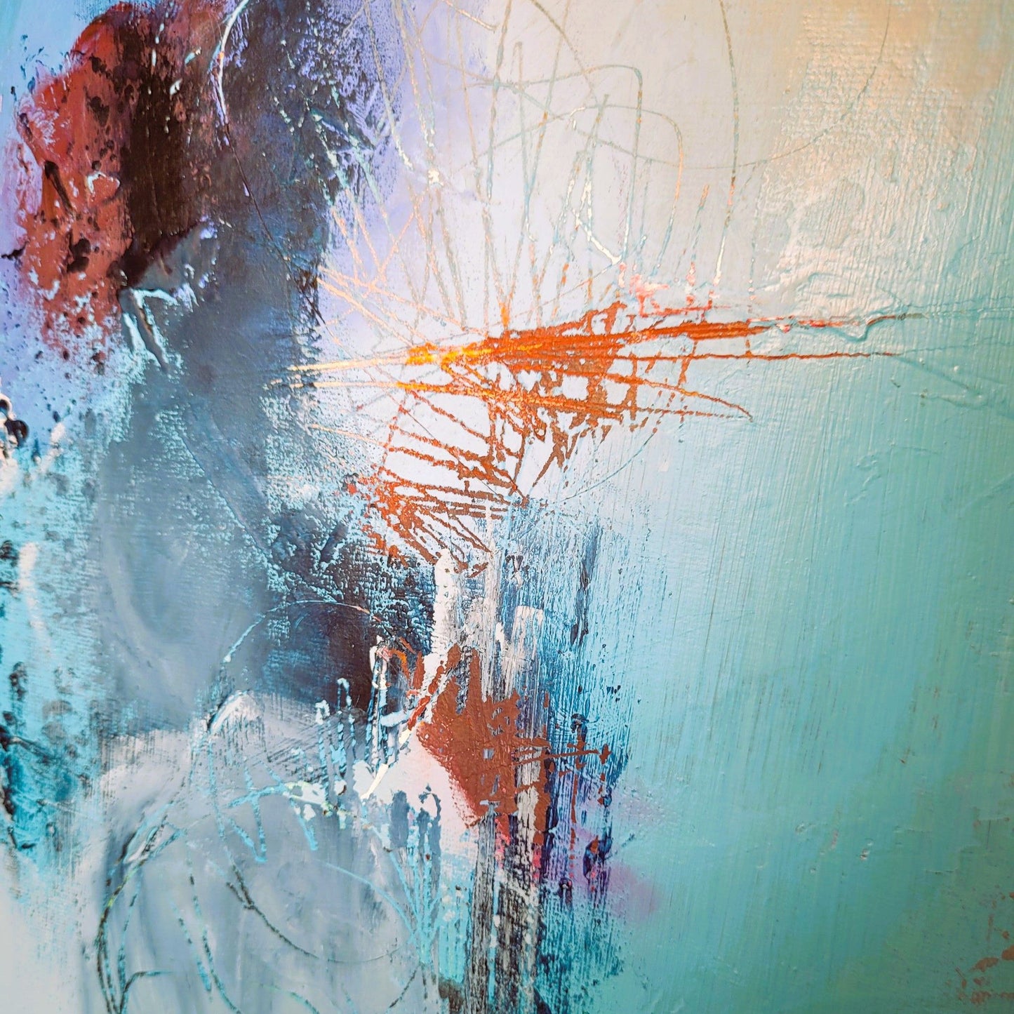 Bleu – Tableau abstrait bleu et jaune, 73×92 cm