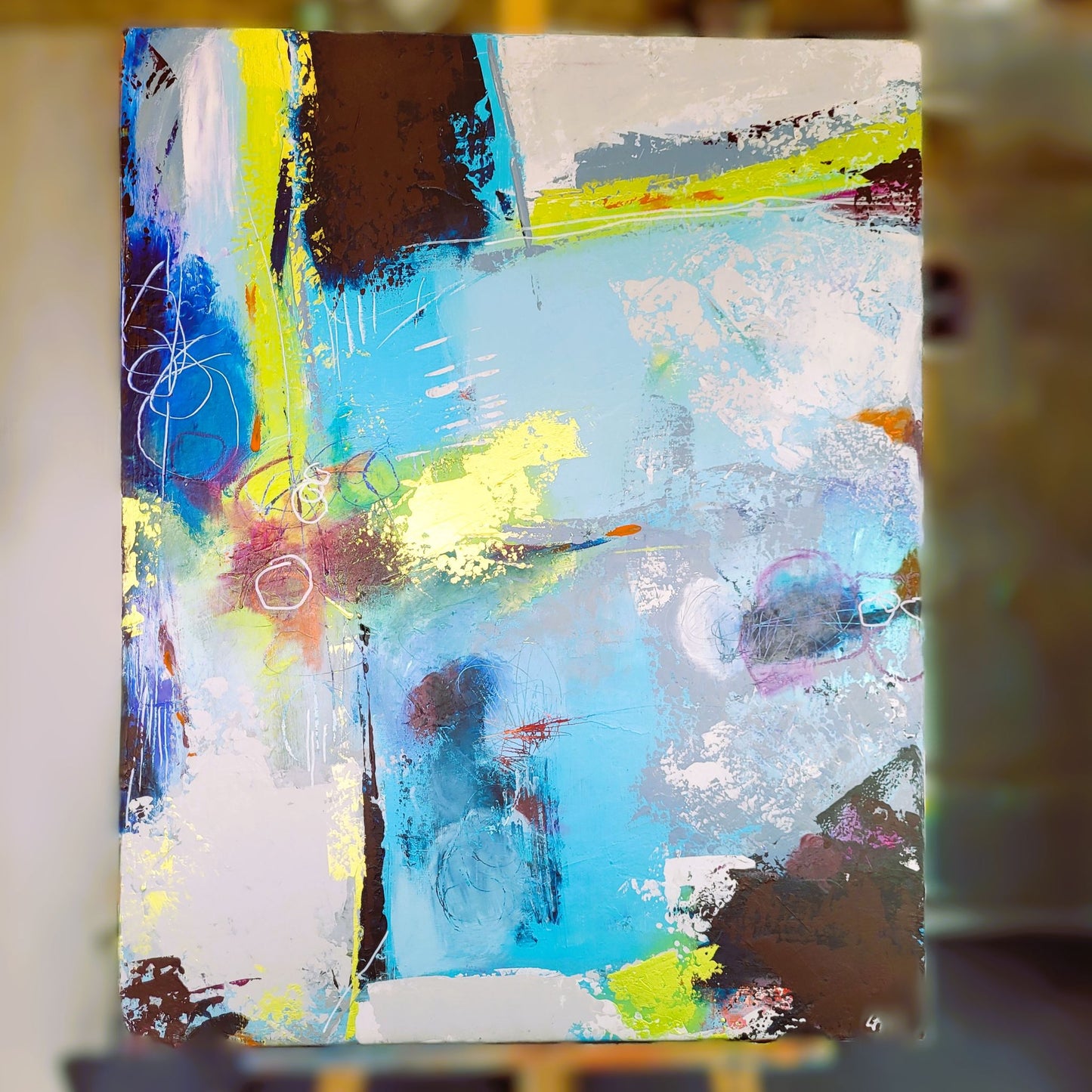 Bleu – Tableau abstrait bleu et jaune, 73×92 cm