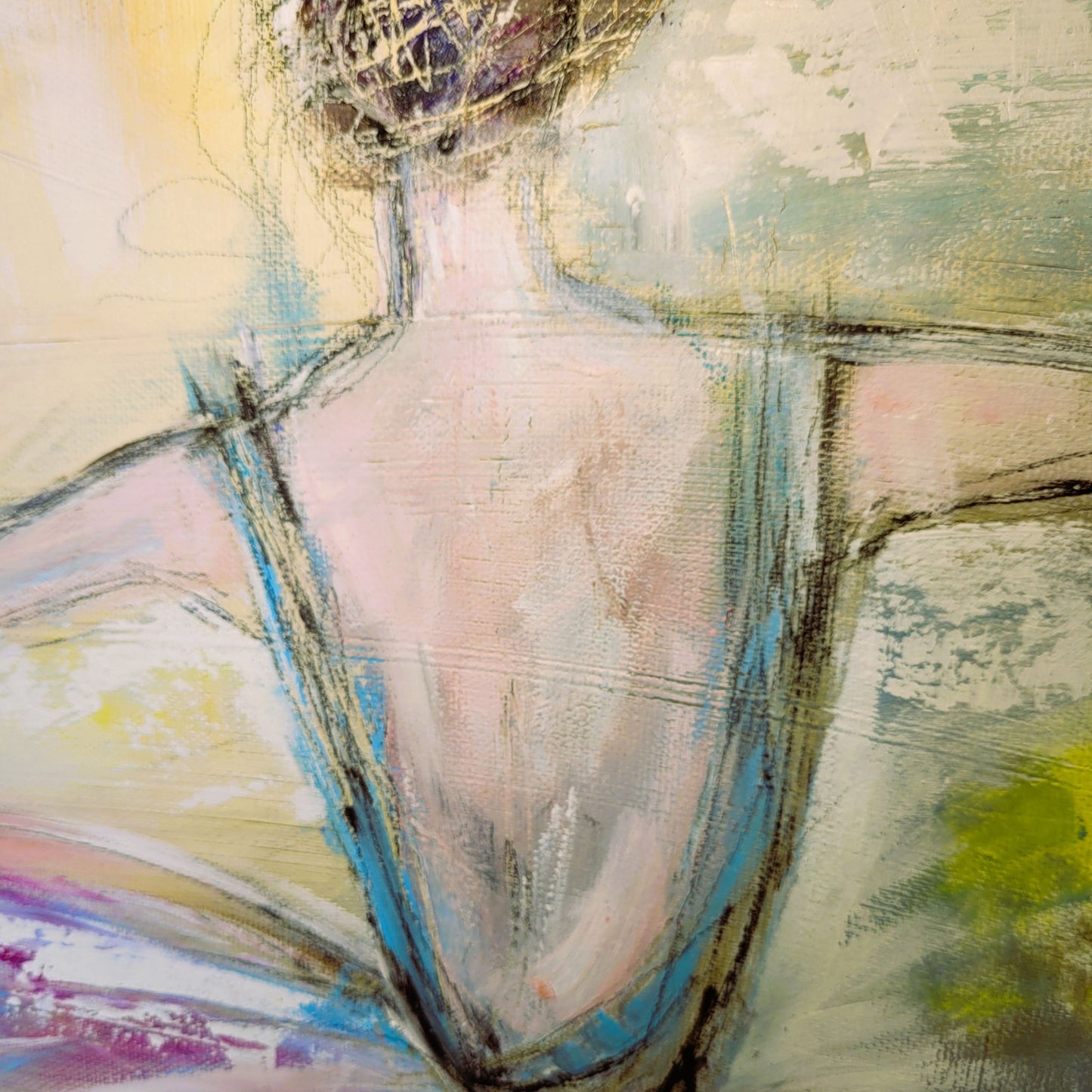 Danseuse – Tableau abstrait rose et jaune, 50×50 cm