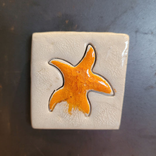 Magnet Étoile de Mer Orange en Céramique Raku – Pièce Unique Carrée