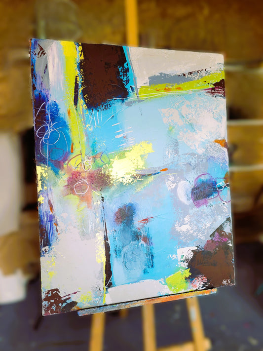 Bleu – Tableau abstrait bleu et jaune, 73×92 cm