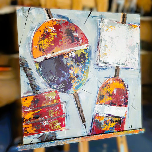 Bouchons – Tableau figuratif marin bleu rouge et orange, 50×50 cm