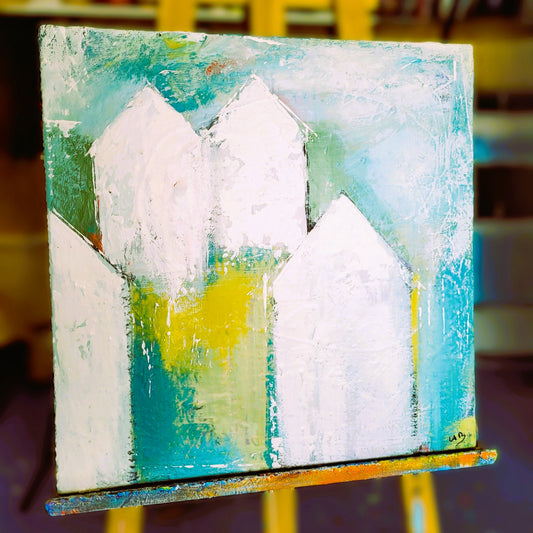 Cabanes – Tableau abstrait blanc et bleu-vert, 50×50 cm