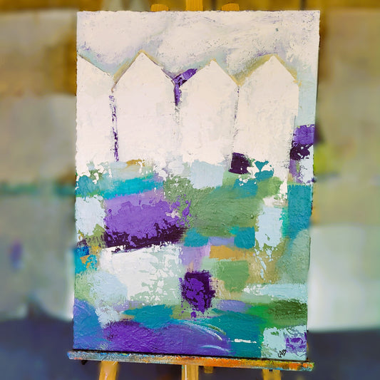 Cabanes – Tableau abstrait bleu, violet et blanc, 50×74 cm