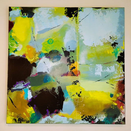 Citron Vert – Tableau abstrait multicolore à la feuille d'or, 60×60 cm