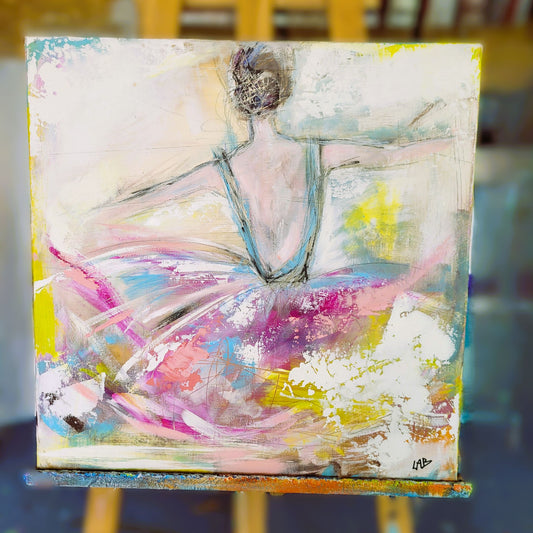 Danseuse – Tableau abstrait rose et jaune, 50×50 cm