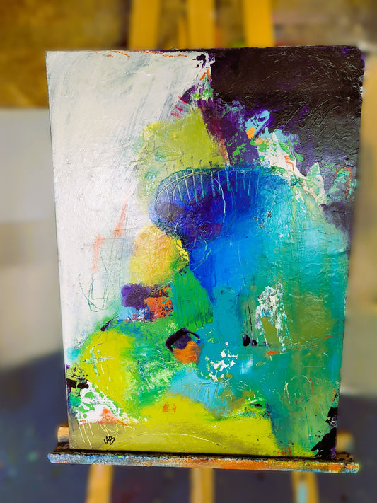 Méduse – Tableau abstrait bleu et vert anis, 46×65 cm
