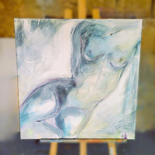 Nu Bleu – Tableau figuratif corps de femme bleu-gris, 70×70 cm