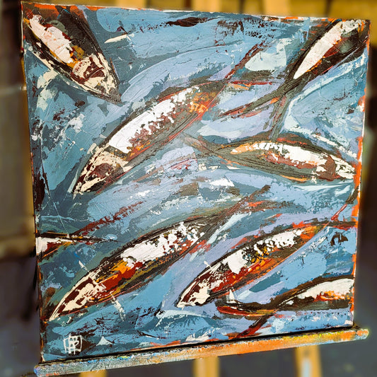 Poissons Bleus – Tableau figuratif marin, 50×50 cm