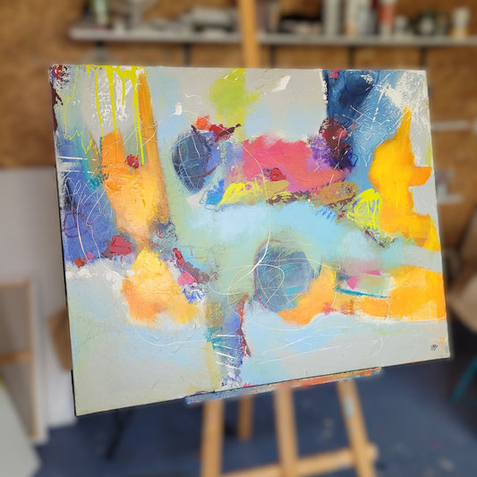 Univers Unique – Tableau abstrait gris-bleu et orange, 81×100 cm