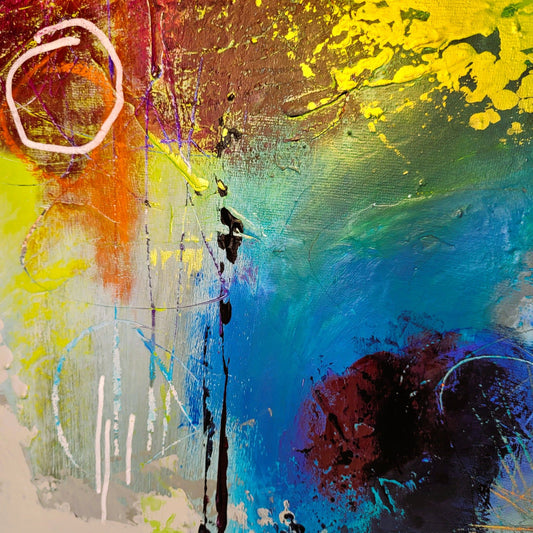 Bleu – Tableau abstrait bleu et jaune, 73×92 cm