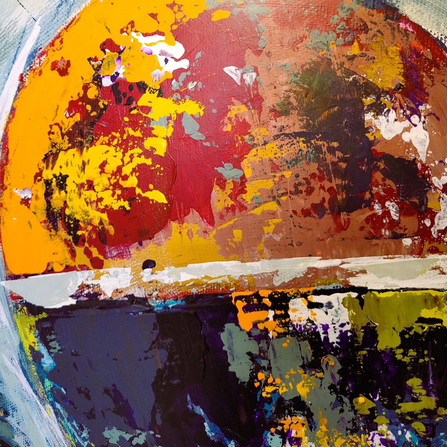 Bouchons – Tableau figuratif marin bleu rouge et orange, 50×50 cm