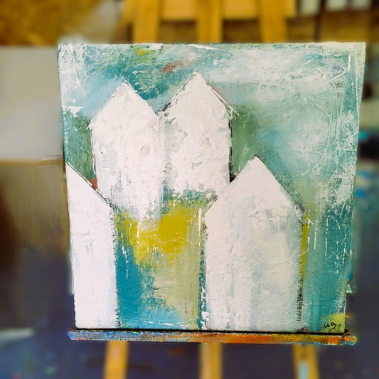 Cabanes – Tableau abstrait blanc et bleu-vert, 50×50 cm