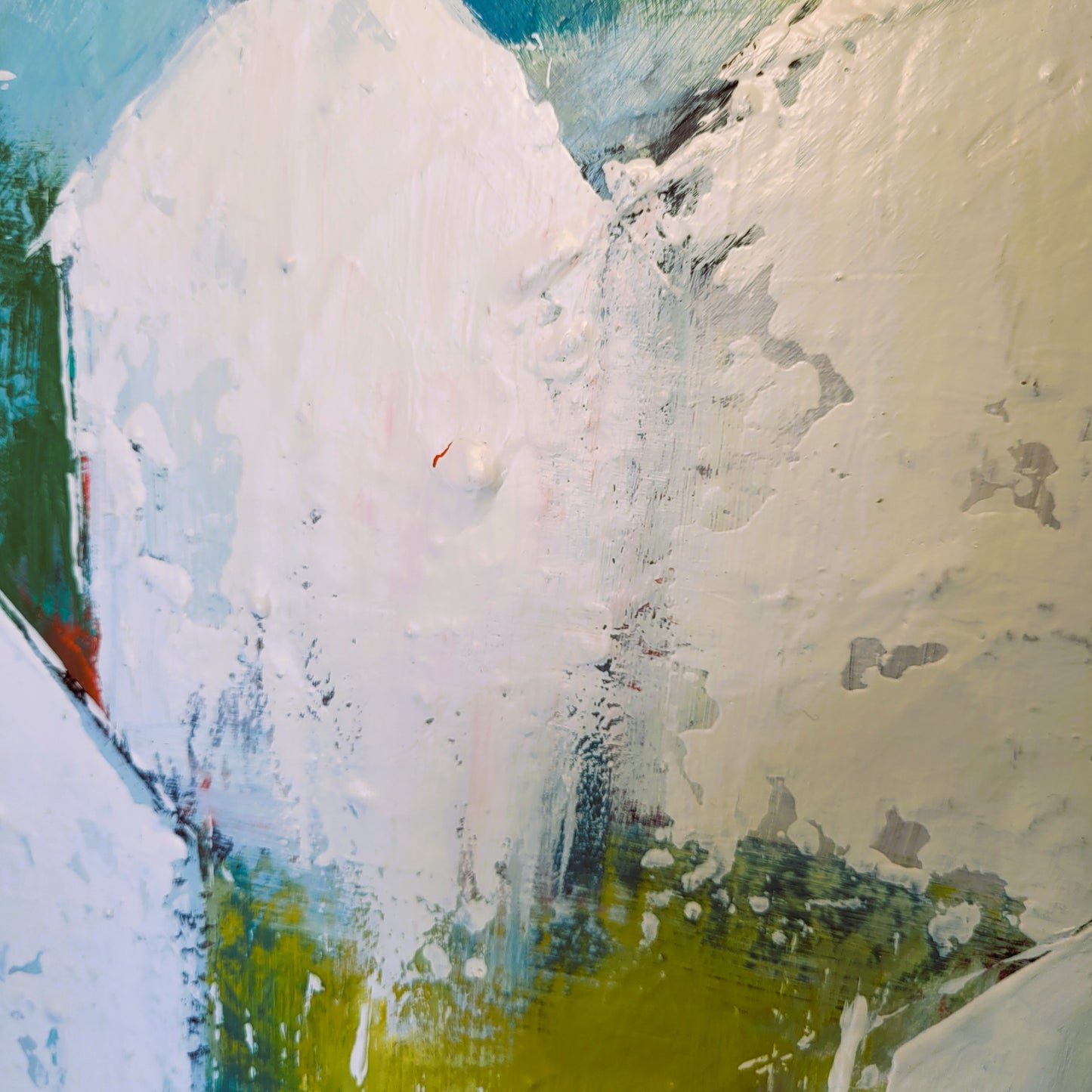 Cabanes – Tableau abstrait blanc et bleu-vert, 50×50 cm