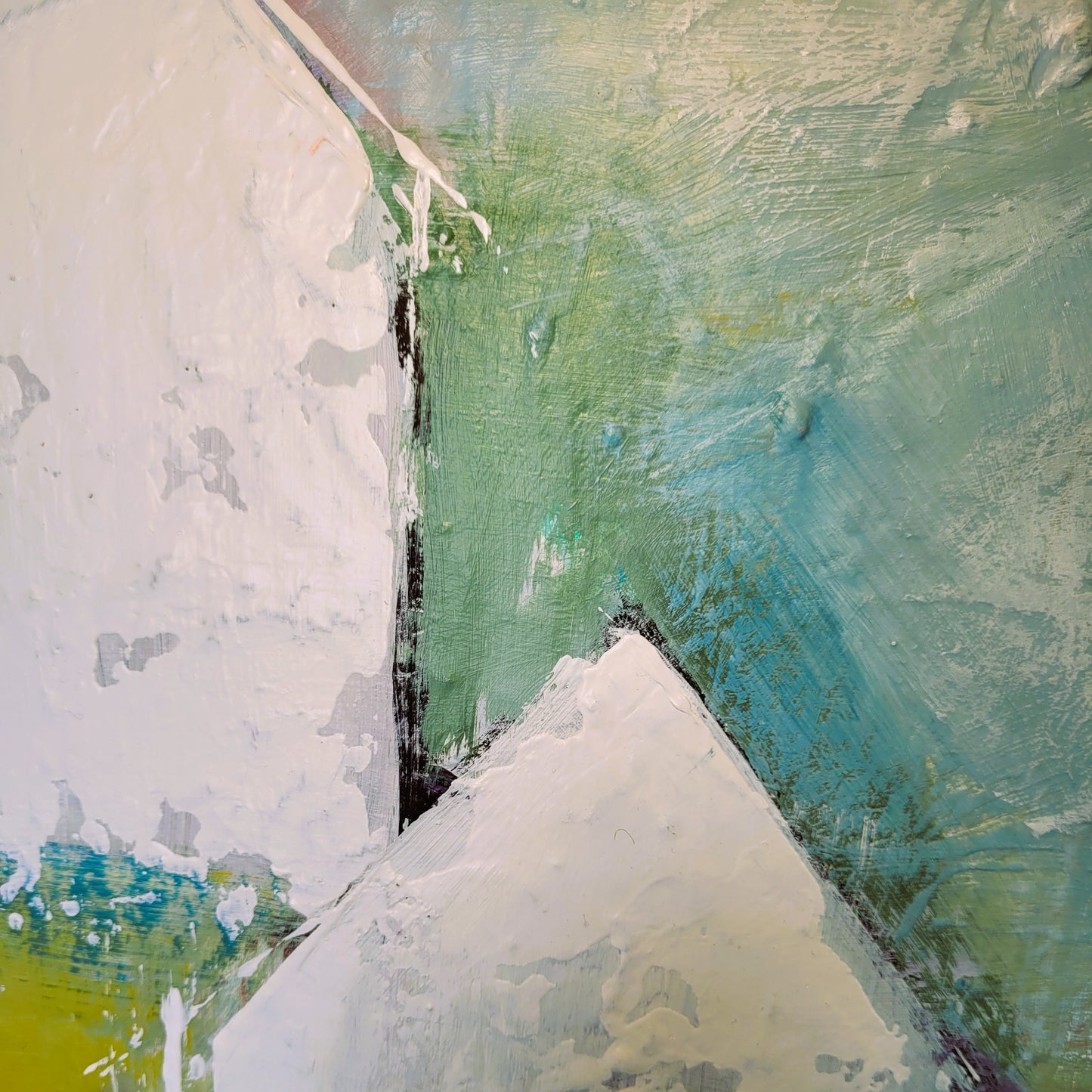 Cabanes – Tableau abstrait blanc et bleu-vert, 50×50 cm