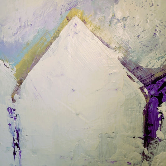 Cabanes – Tableau abstrait bleu, violet et blanc, 50×74 cm