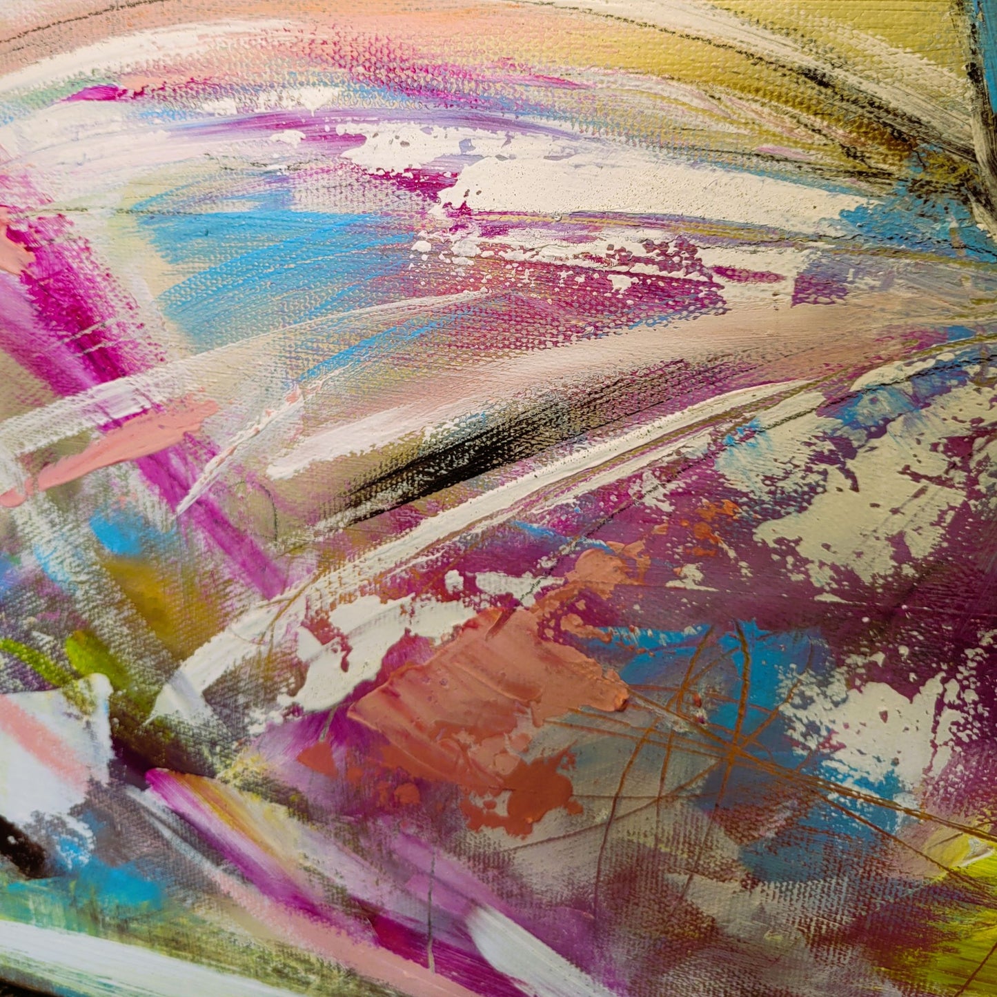 Danseuse – Tableau abstrait rose et jaune, 50×50 cm