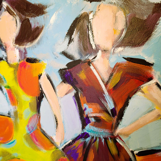 Défilé de Mode – Tableau figuratif coloré sur fond bleu ciel, 70×70 cm