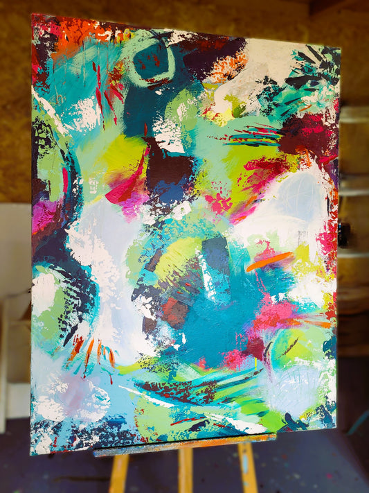 Lagon IV – Tableau acrylique bleu-vert et rouge, 89×116 cm