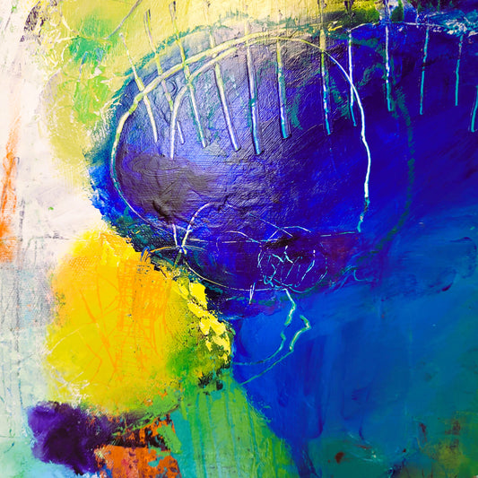 Méduse – Tableau abstrait bleu et vert anis, 46×65 cm