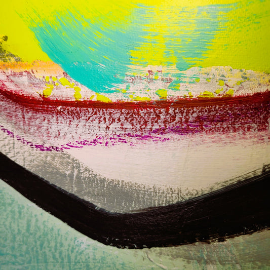 Sphères – Tableau abstrait turquoise, mauve et jaune, 73×92 cm